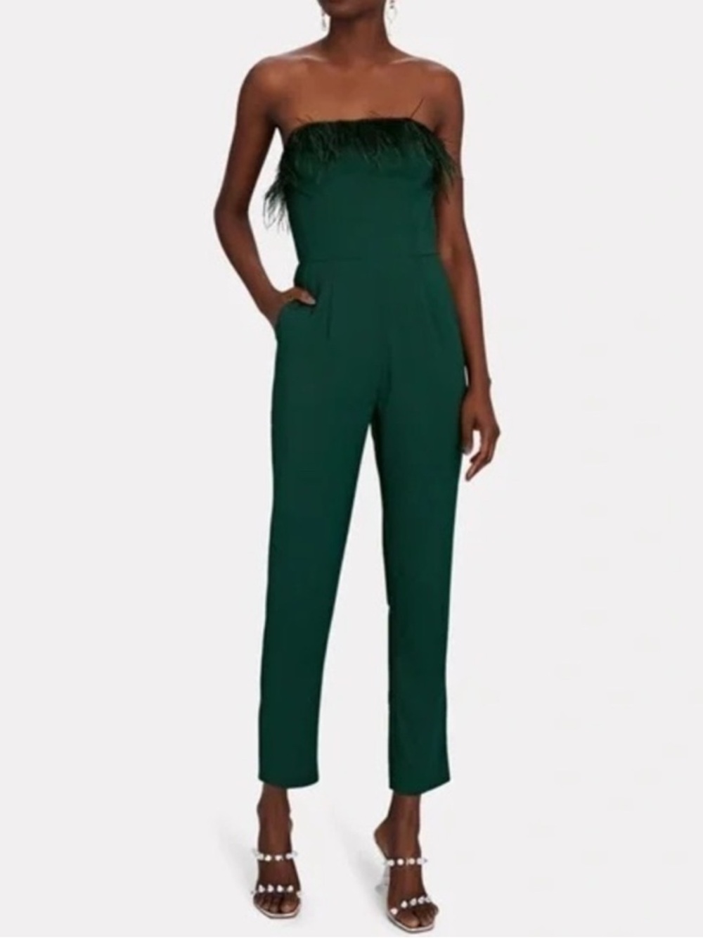 SAYLOR Strapless Feather-Trim Jumpsuit in Deep Green